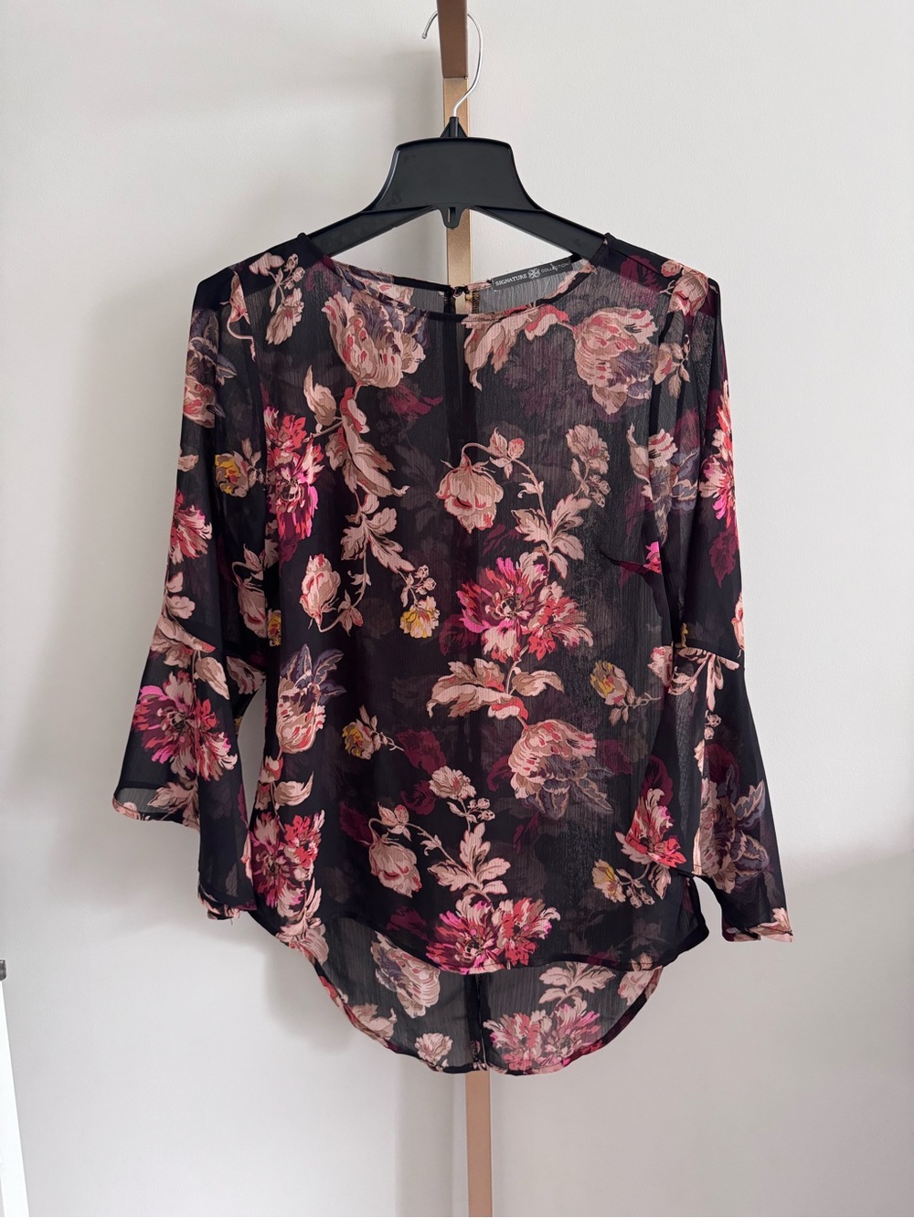 Floral Sheer Blouse - Black with Pink Floral Print